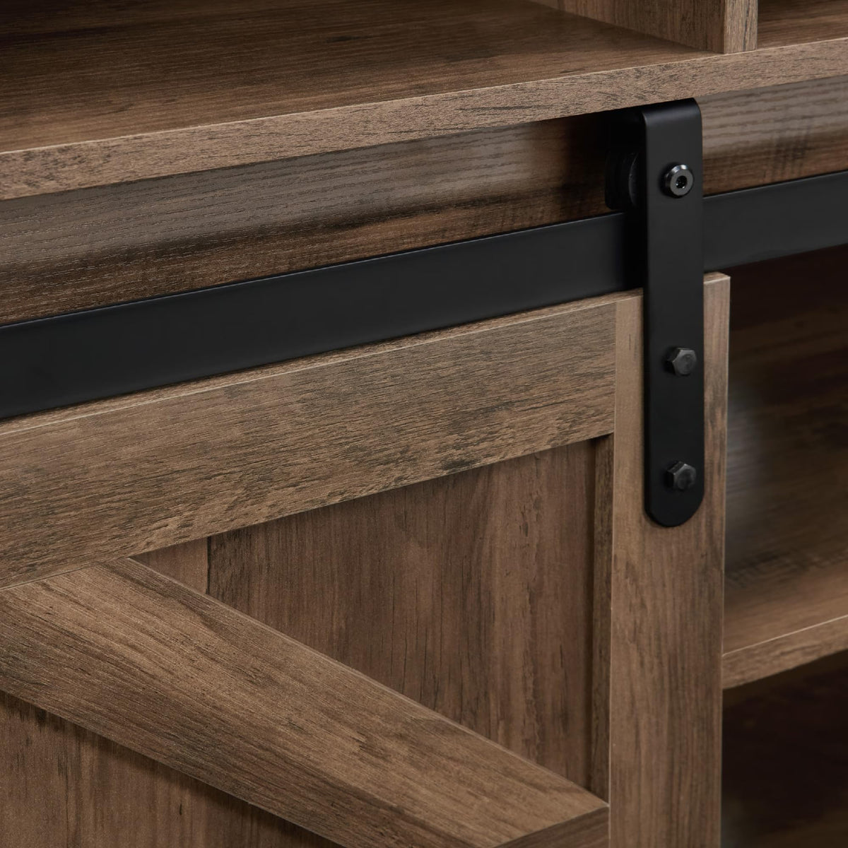 Natural Brown Wood TV Stand with Sliding Barn Door R9490