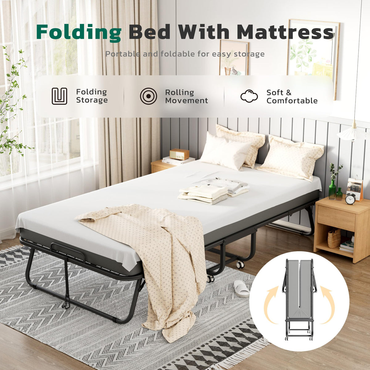 Folding Bed with Mattress Metal Frame Cot Size S365309