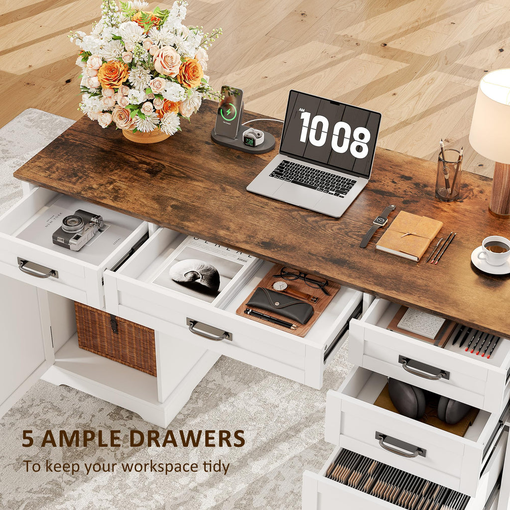 55'' White Farmhouse Desk with Drawers I33866