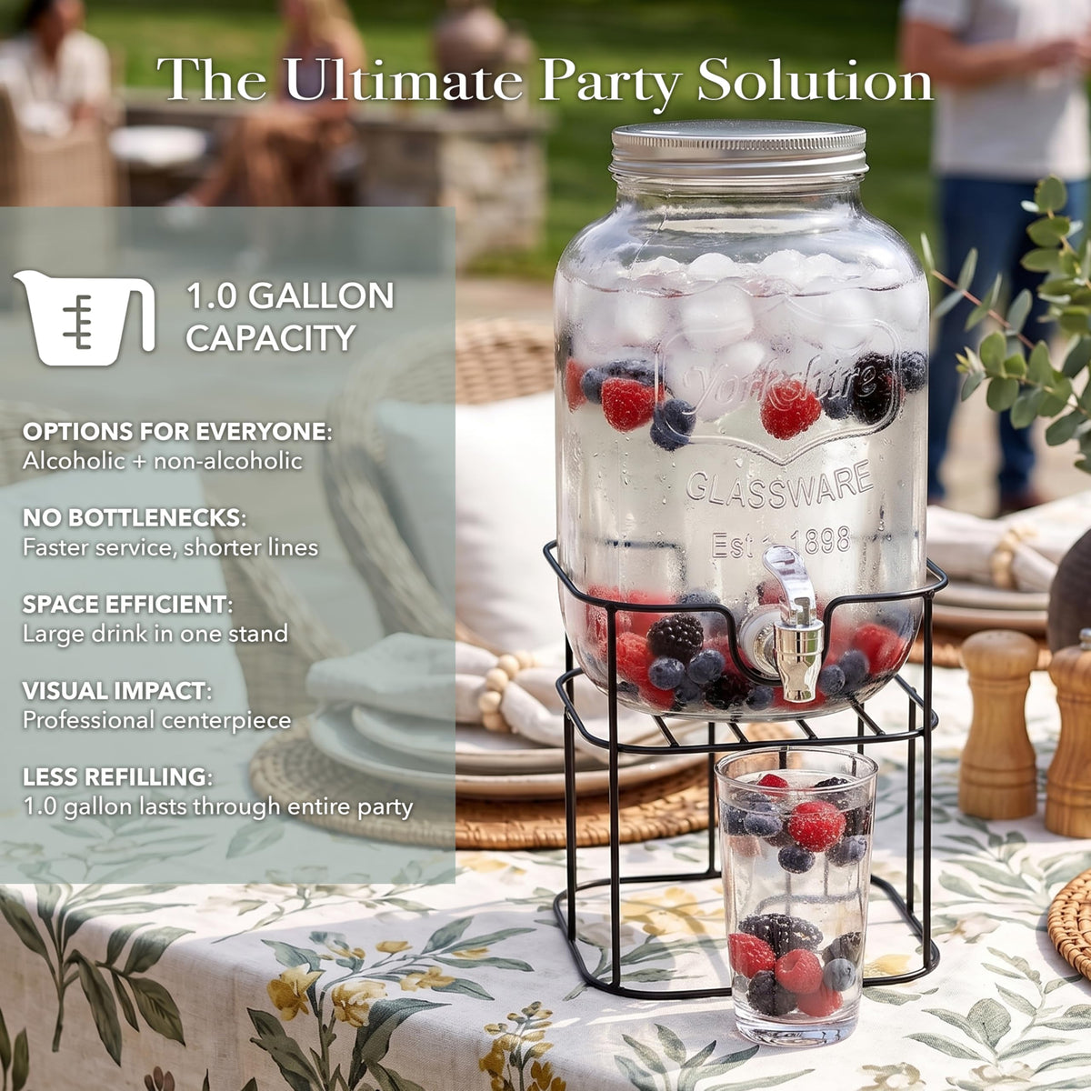 Mason Jar Glass Beverage Dispenser with Metal Stand, 1 Gal U45353