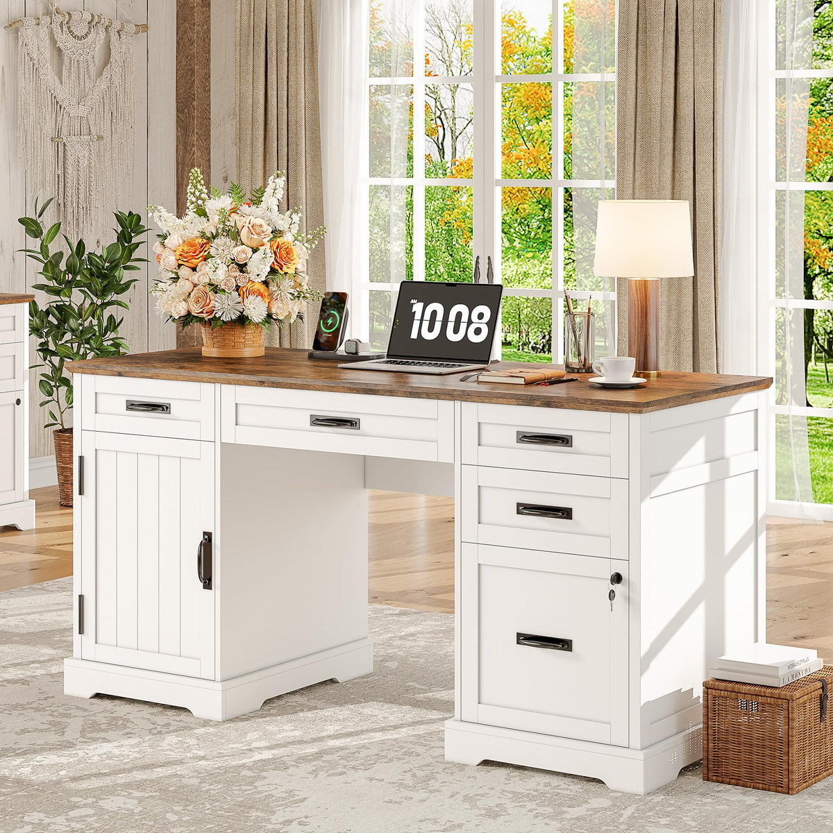 55'' White Farmhouse Desk with Drawers I33866