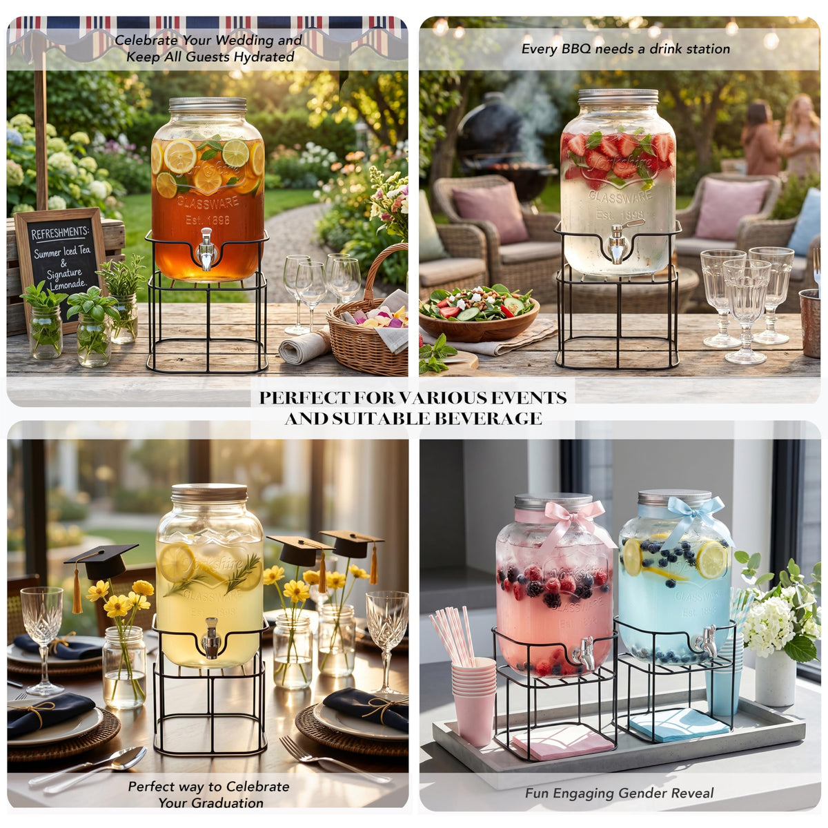 Mason Jar Glass Beverage Dispenser with Metal Stand, 1 Gal U45353