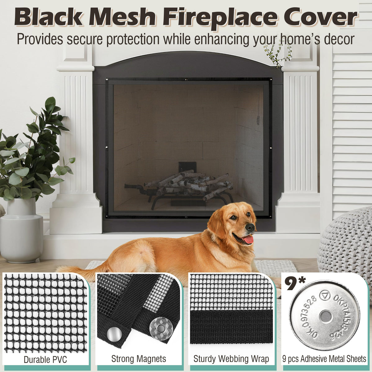 Black Magnetic Mesh Fireplace Cover O698