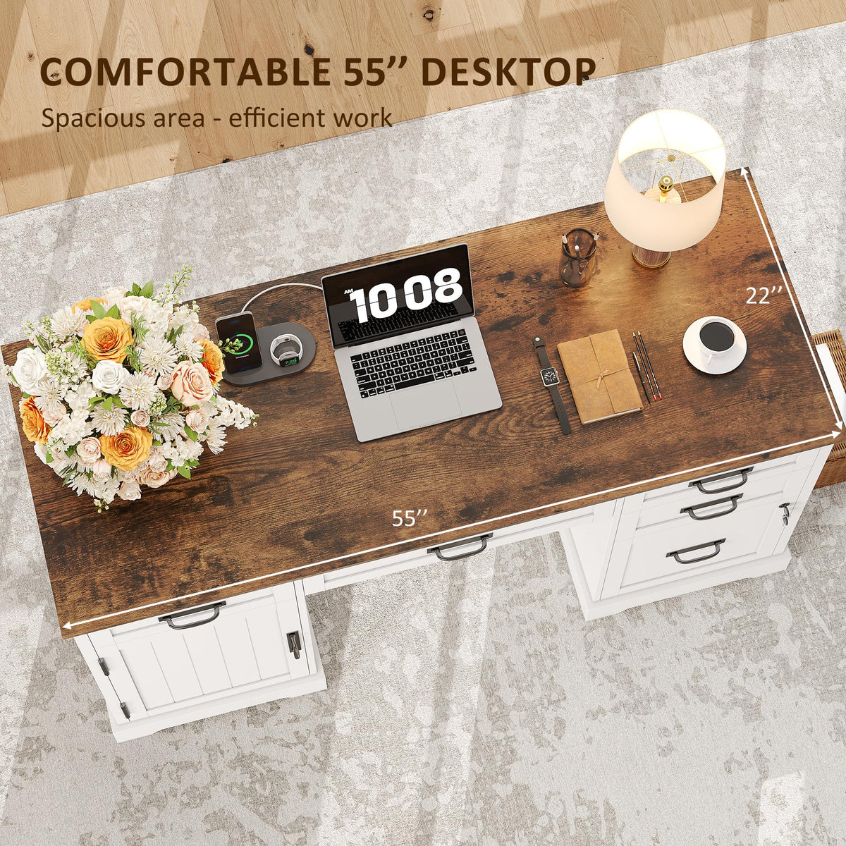 55'' White Farmhouse Desk with Drawers I33866