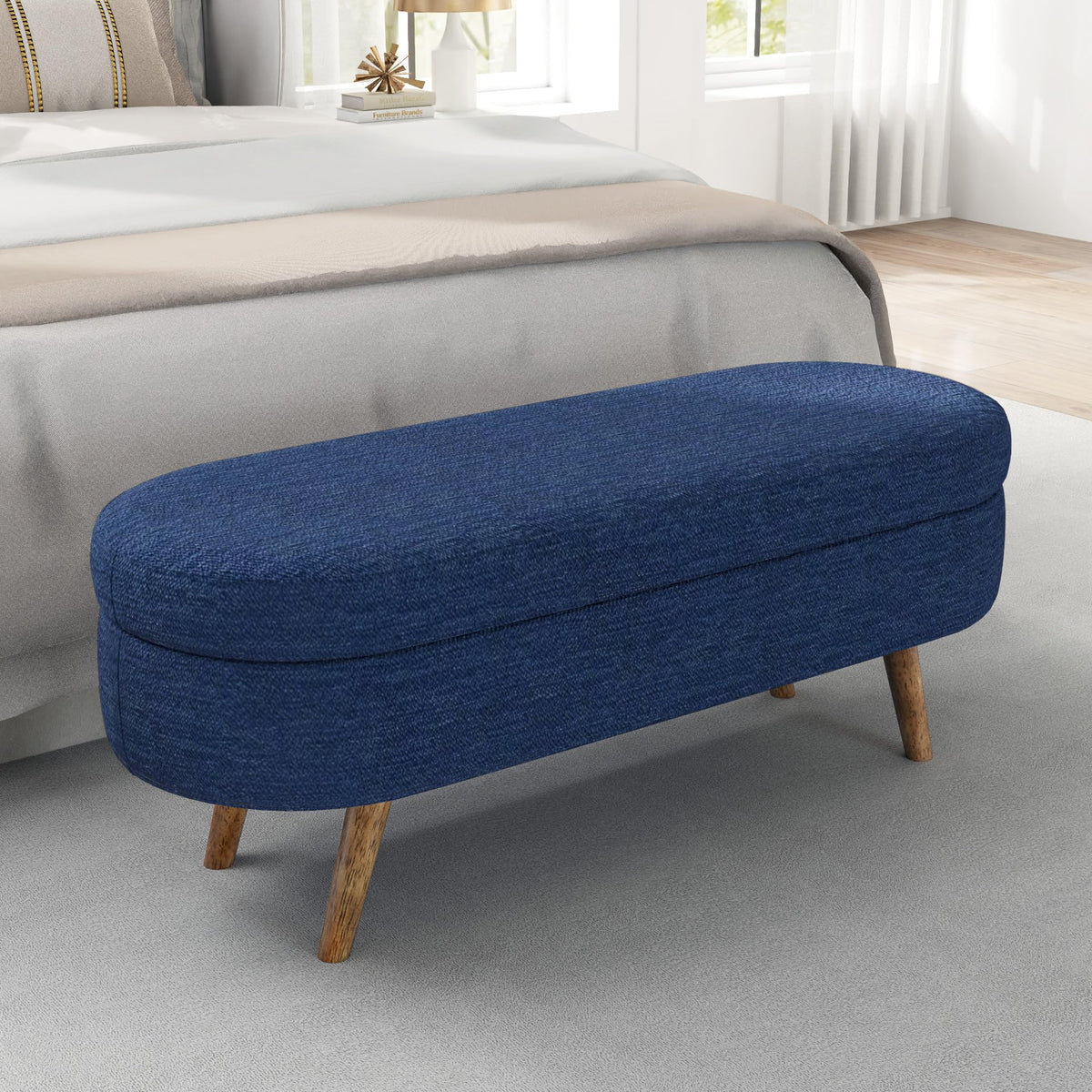 Oval Storage Bench with Rubber Wood Legs, Blue T120313