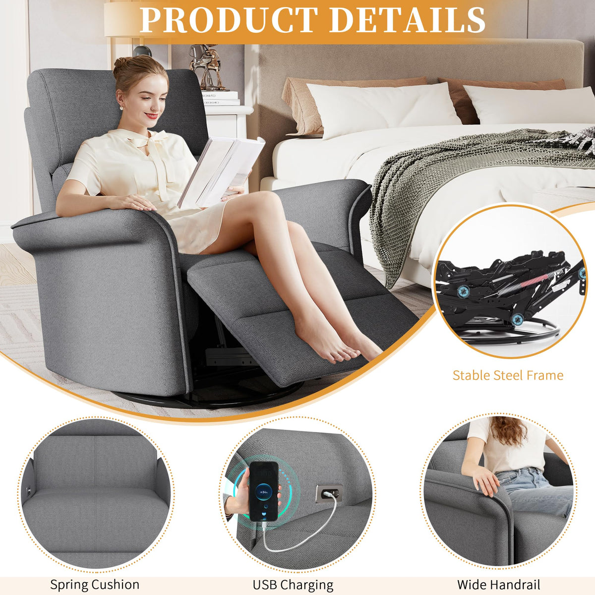 Power Swivel Rocker Recliner Chair Velvet E27005