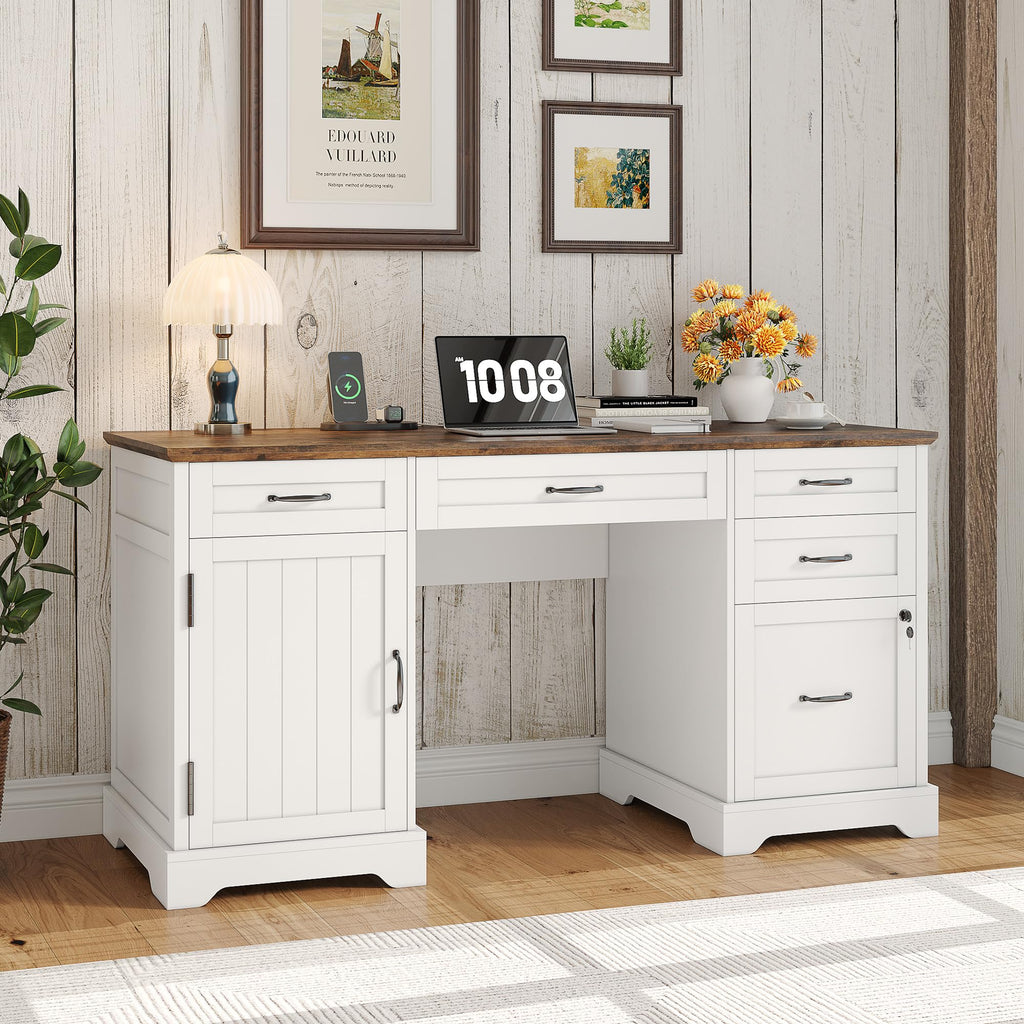 55'' White Farmhouse Desk with Drawers I33866