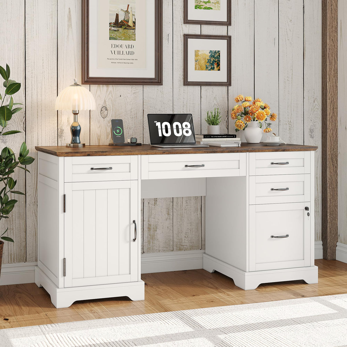 55'' White Farmhouse Desk with Drawers I33866