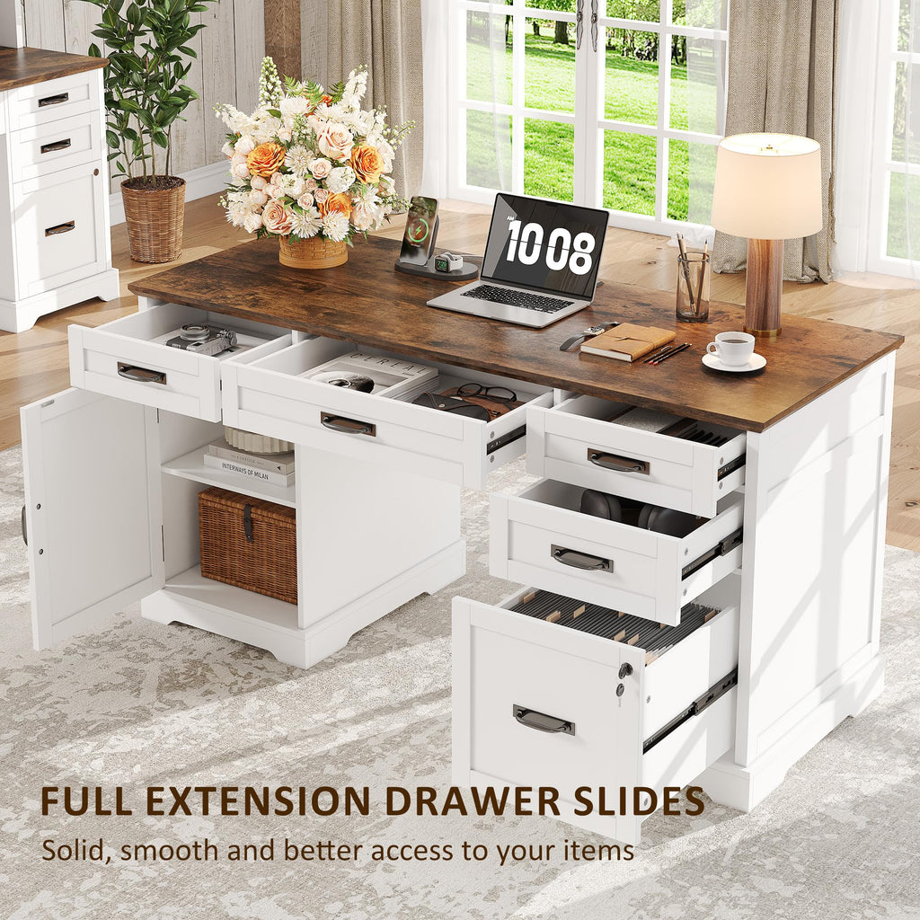 55'' White Farmhouse Desk with Drawers I33866
