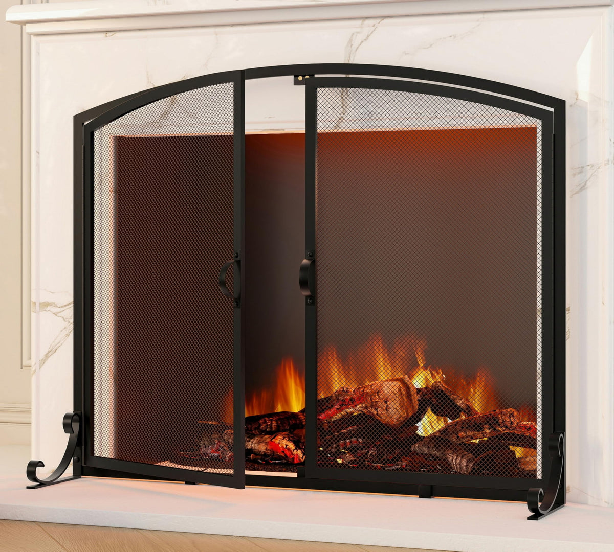 Arched Metal Fireplace Screen 2-Panel Spark Guard X5974