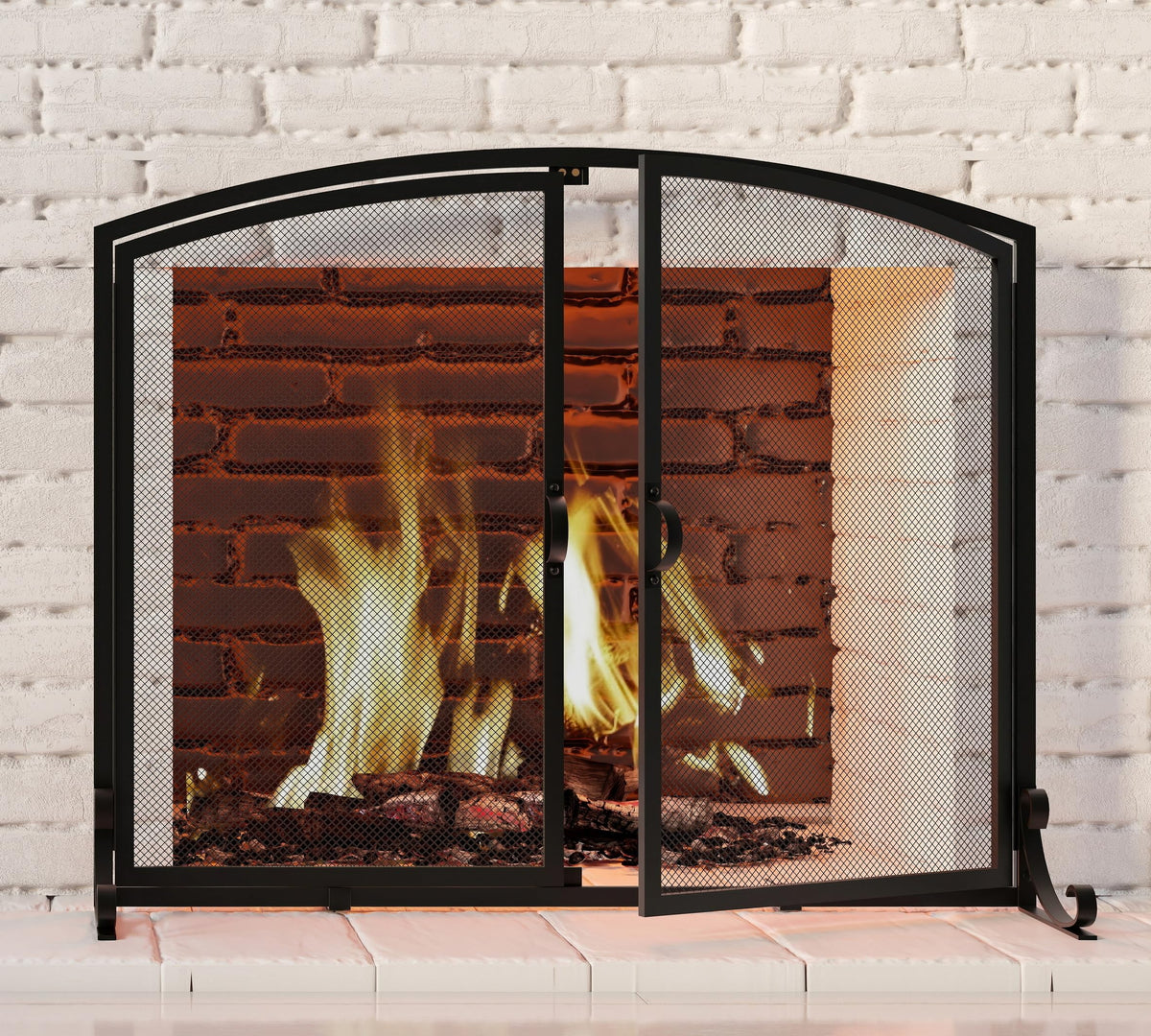 Arched Metal Fireplace Screen 2-Panel Spark Guard X5974