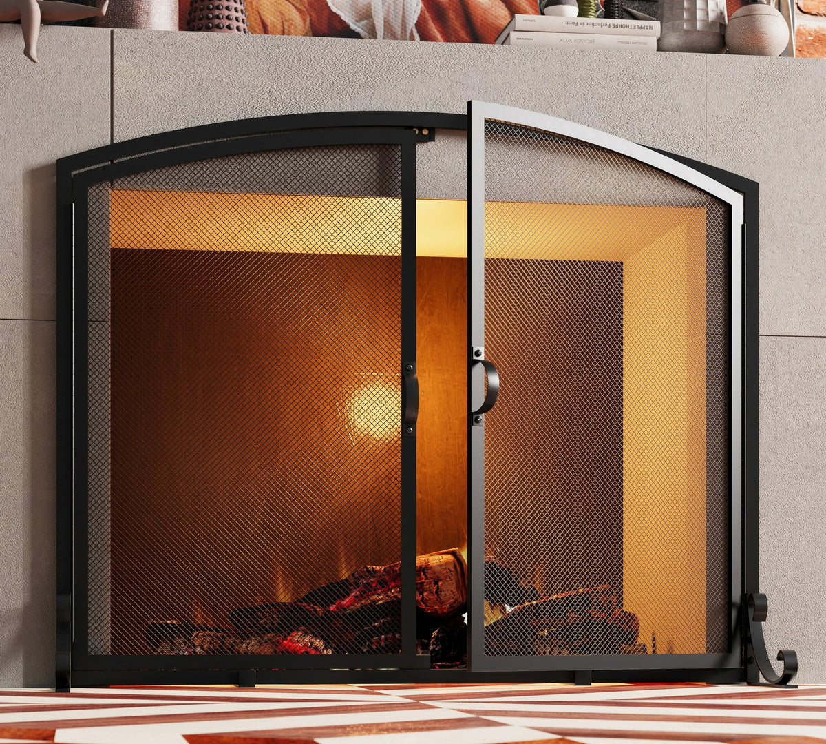 Arched Metal Fireplace Screen 2-Panel Spark Guard X5974