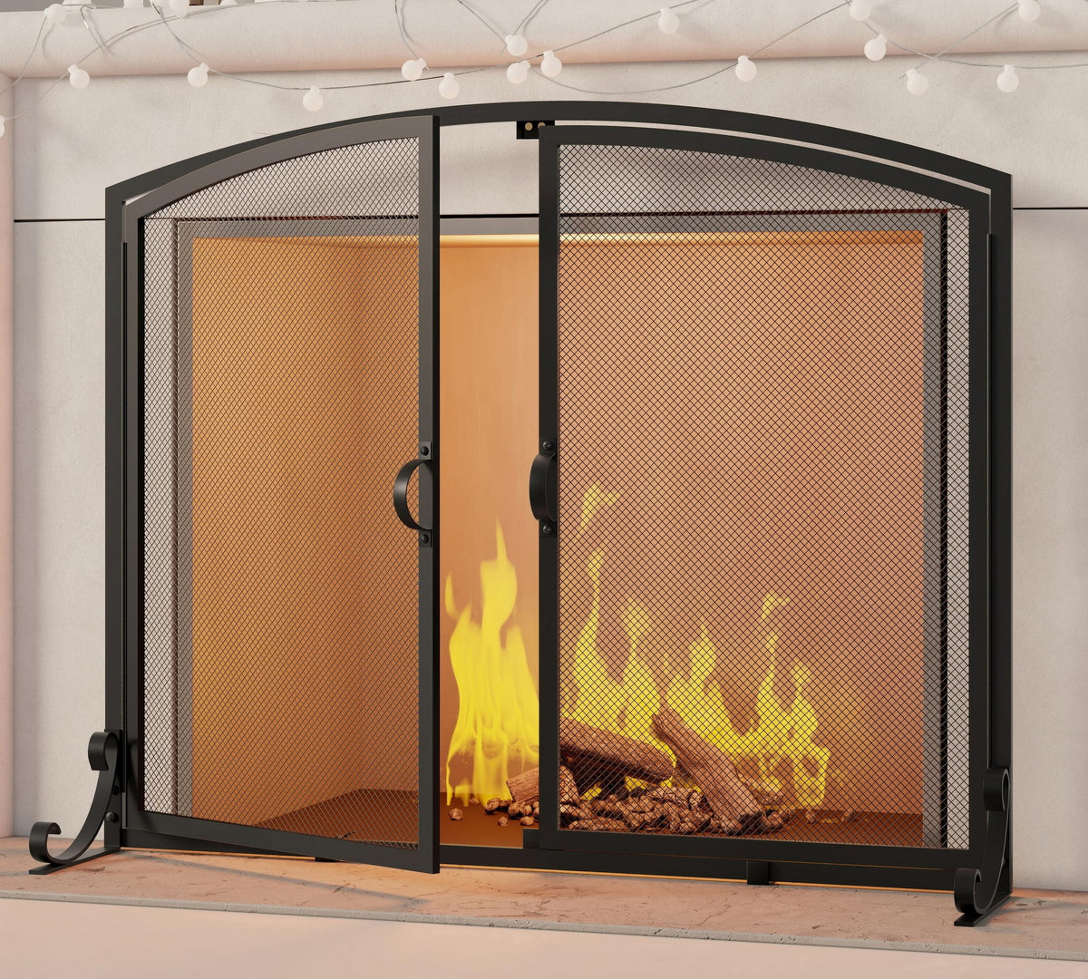 Arched Metal Fireplace Screen 2-Panel Spark Guard X5974